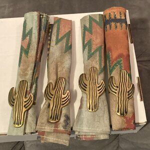VTG 1993-4 Southwest Style Napkins & 4 Brass Cactus Holders (8 pcs)-Taiwan-NEW